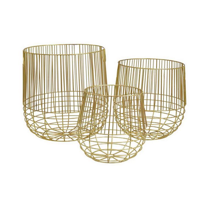 Vella Set of 3 Decorative Baskets, Open Cage Design, Gold Metal Finish - Benzara