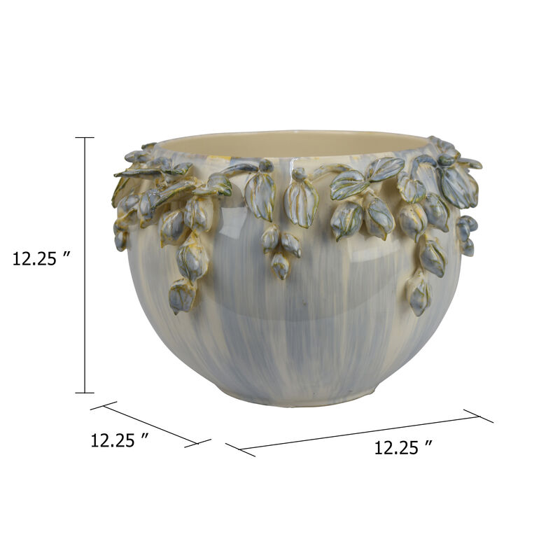 Decorative Bowl Planter, White Ceramic with Floral Garland Rim, 12 Inch image number 5
