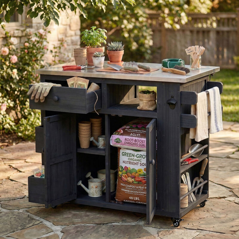 Merax Extendable Stainless Steel Top Kitchen Cart & BBQ Island with Solid Fir Wood image number 1