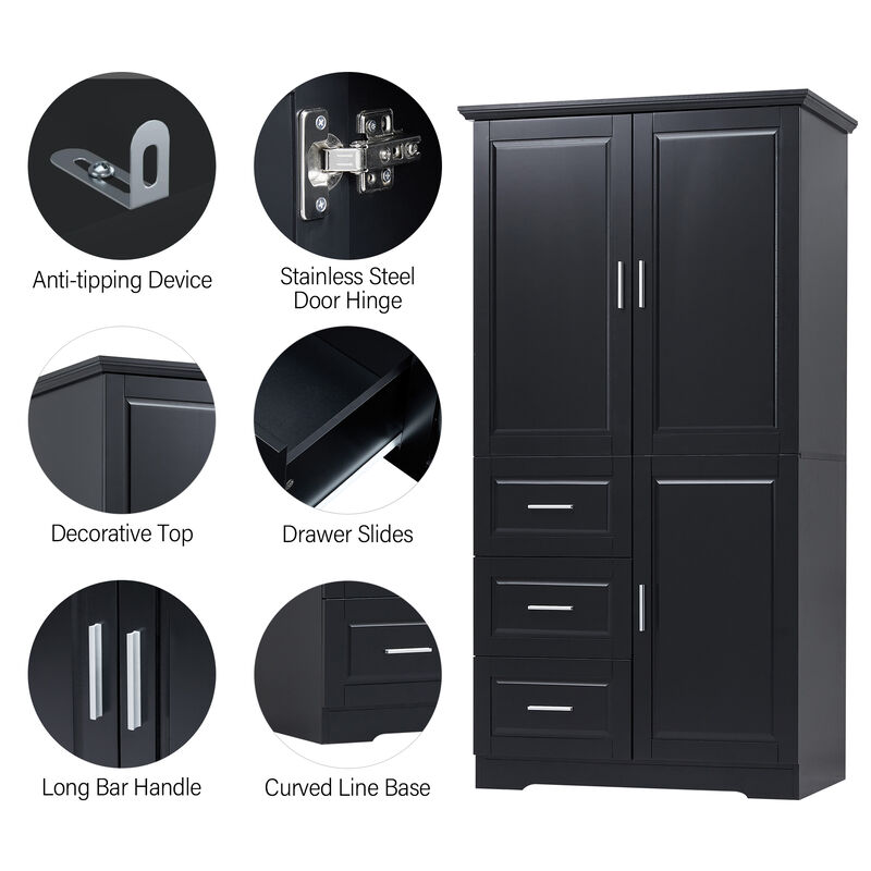 Whisen Tall and Wide Storage Cabinet with Doors, Three Drawers and Adjustable Shelf