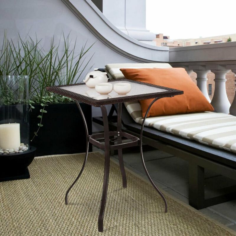 Hivvago 28.5 Inch Outdoor Patio Square Glass Top Table with Rattan Edging