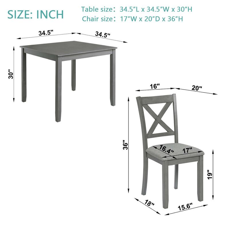 5 Piece Wooden Dining Table Set with 4 Chairs, square dining table set for 4, modern dining table set for kitchen, dining room table set image number 2