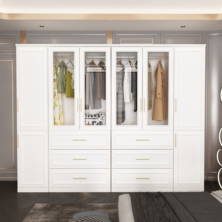 FUFU&GAGA Armoire with Glass Doors, 6 Drawers, Hanging Area, Anti-Tip Design – Large Capacity Storage Solution, Elegant Gold Handles, Perfect for Bedroom or Living Room, (94.8" L x 19.3" W x 74.8" H),White