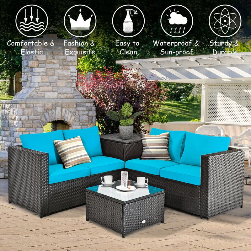 4 Pieces Outdoor Patio Rattan Furniture Set with Cushioned Loveseat and Storage Box image number 5
