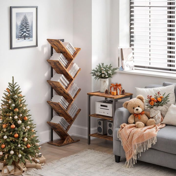 Floor Standing 9 Tier Tree Bookshelf Wooden Bookcase for Home Storage-Brown