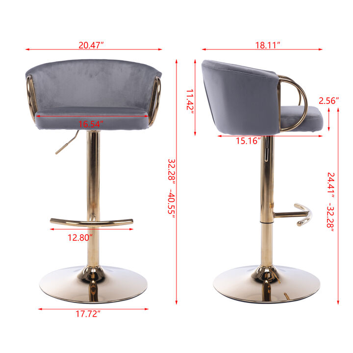 Set of 2 Bar Stools, with Chrome Footrest and Base Swivel Height Adjustable Mechanical Lifting Velvet + Golden Leg Simple Bar Stool-Grey