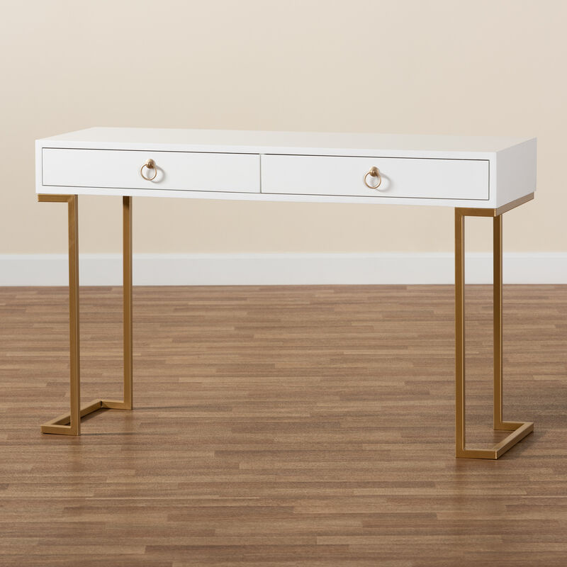 Baxton Studio Beagan Modern White Finished Wood And Gold Metal 2 Drawer Console Table