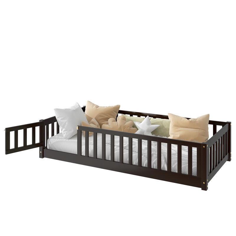 Whisen Twin Size Rubber Wood Floor Bed with Safety Guardrails & Door, Kids Bed image number 0