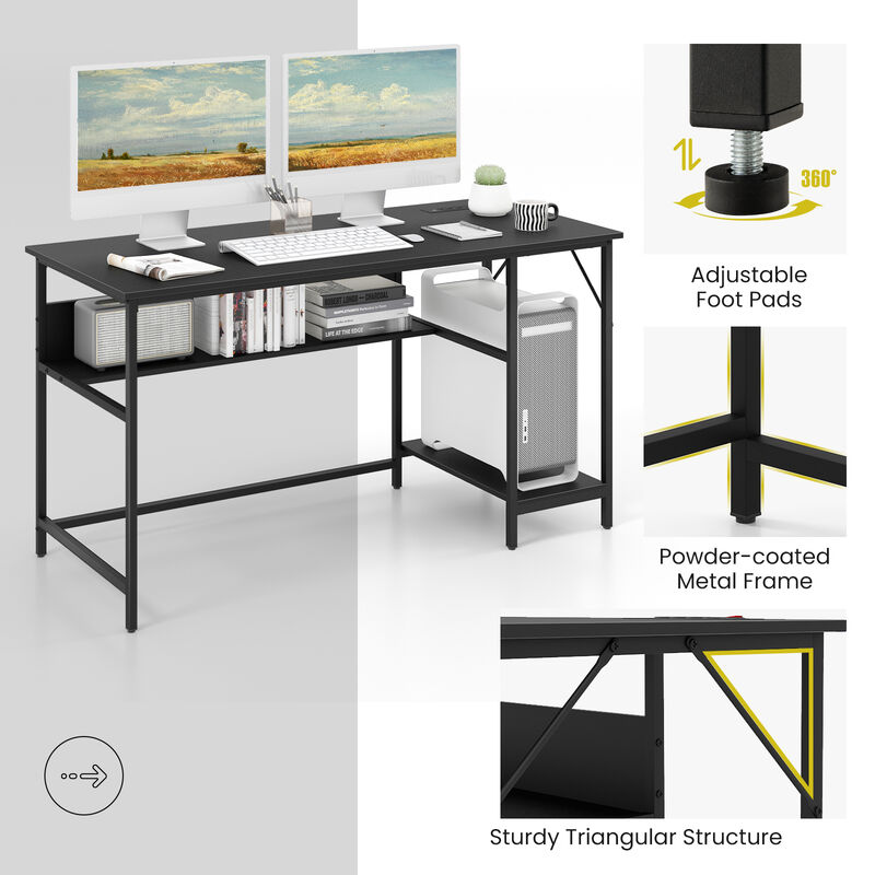 Costway 55'' Computer Desk w/ Charging Station Home Office PC Desk w/ 4 Power Outlets Black