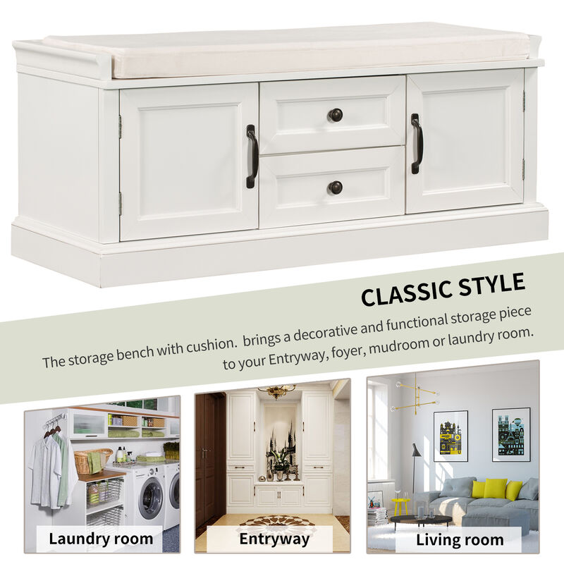 Storage Bench with 2 Drawers and 2 Cabinets, Shoe Bench with Removable Cushion for Living Room, Entryway (White)