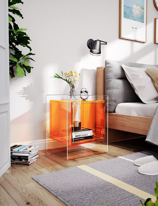 solaround Acrylic Nightstand Colorful Bedside Table with Open Storage Shelf,Clear Side Table for Living Room (1, Orange)