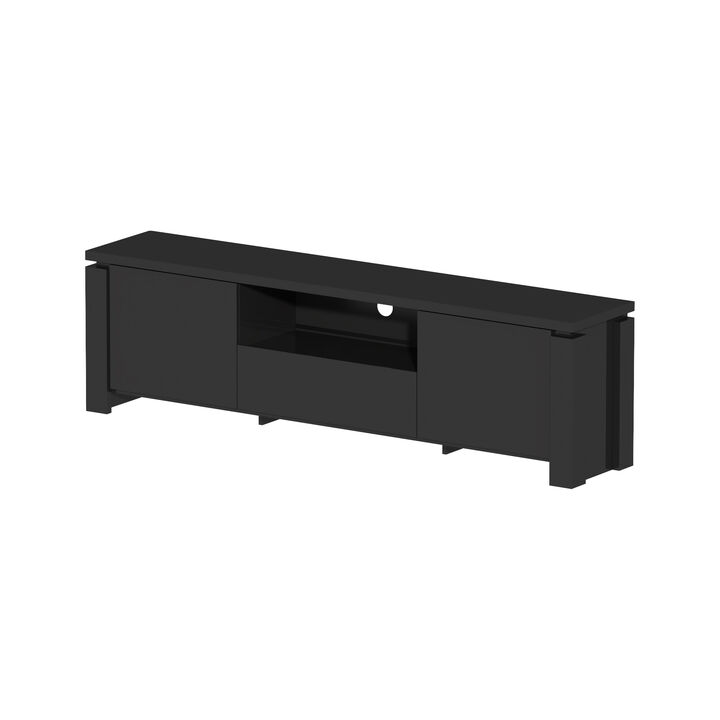 FUFU&GAGA Modern High Gloss Black TV Stand with LED Light Strip, Doors, Drawer, Open Storage Compartment, Handleless Design, MDF Construction, (70 in. W x 13.8 in. D x 20 in. H)