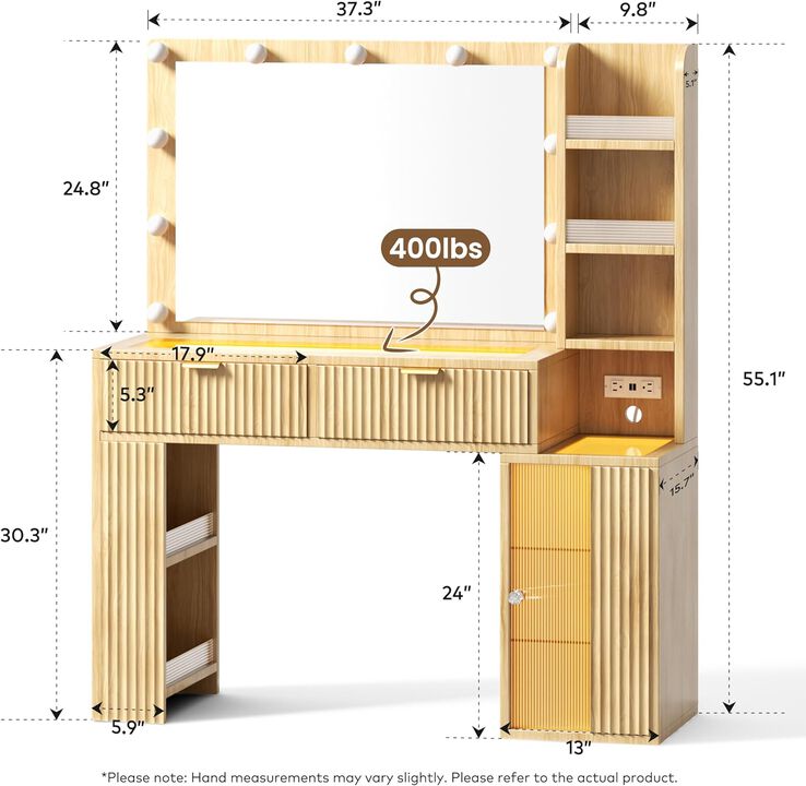 DIYSET Fluted Oak Wood Makeup Vanity with RGB Mirror and Acrylic Cabinet