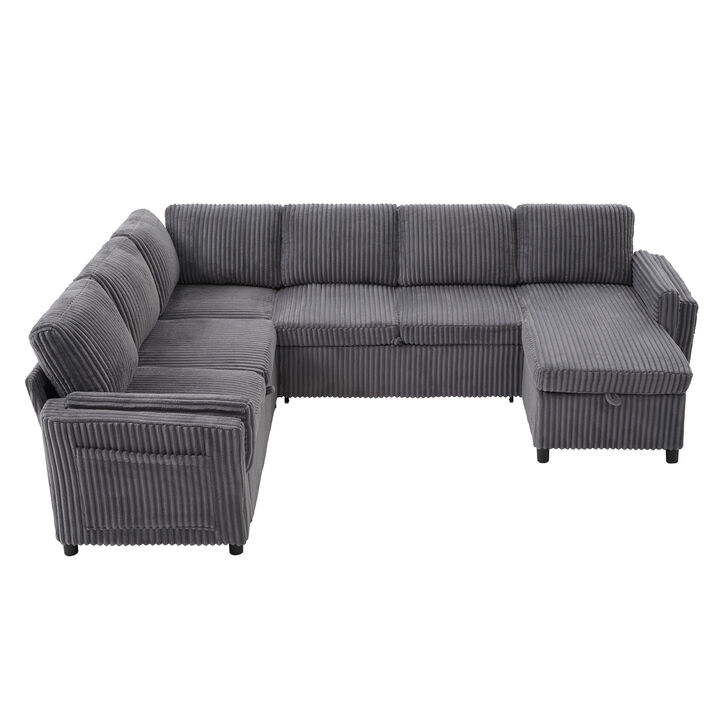 Whisen 111" U-Shaped Convertible Sectional Sofa Bed, Corduroy Sleeper with Storage & USB Ports for Living Room