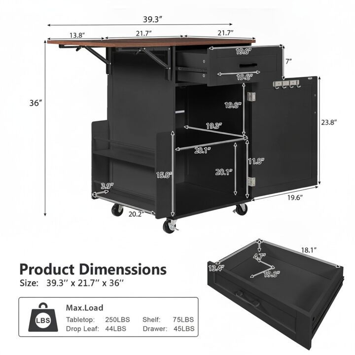 ELEMENT ACE Rolling Drop Leaf Kitchen Island Cart with Storage Drawer Open Side Rack Towel Rack Lockable Wheels for Small Kitchens