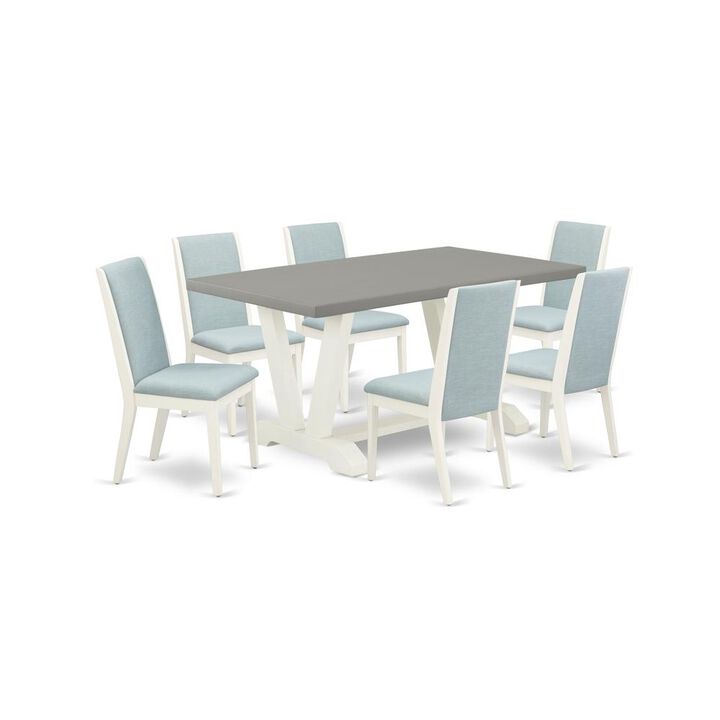 East West Furniture V096LA015-7 7-Piece Fashionable kitchen table set an Excellent Cement Color rectangular Table Top and 6 Gorgeous Linen Fabric Dining Chairs with Stylish Chair Back, Linen White Fin