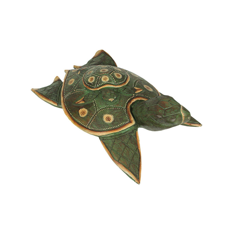 Green Finish Mother And Baby Turtle Hand Carved Wood Sculpture Home Decor Statue image number 1