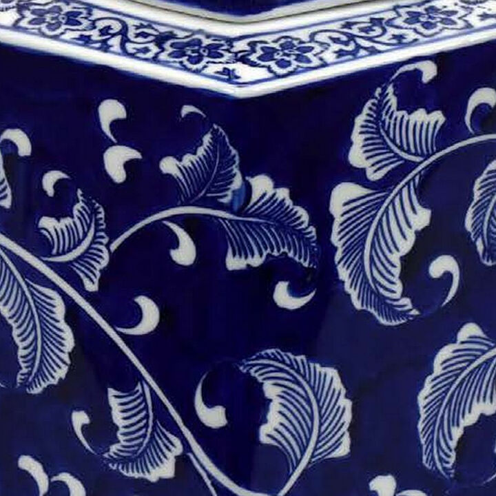 Deno 13 Inch Decorative Jar with Lid, Ceramic, Filigree in Blue and White - Benzara