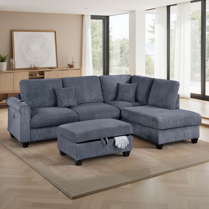 Roe 3pc Sectional Sofa Set with Chaise, Ottoman, 2 Pillows, Dark Gray - Benzara