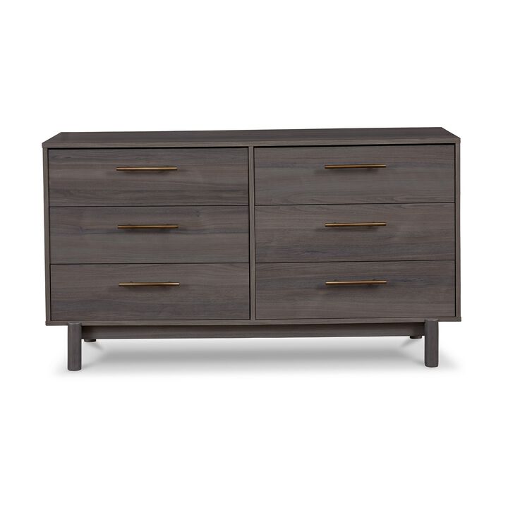 Dien 59 Inch Modern Dresser, Gray Wood Frame, 6 Drawers, Gold Metal Handles-Benzara