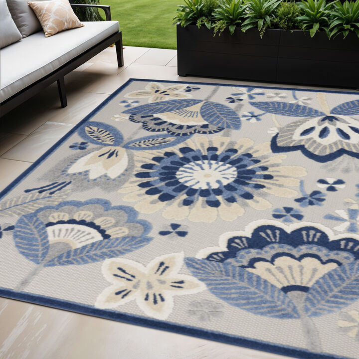 HomeRoots 5' X 8' Blue And Gray Floral Indoor Outdoor Area Rug