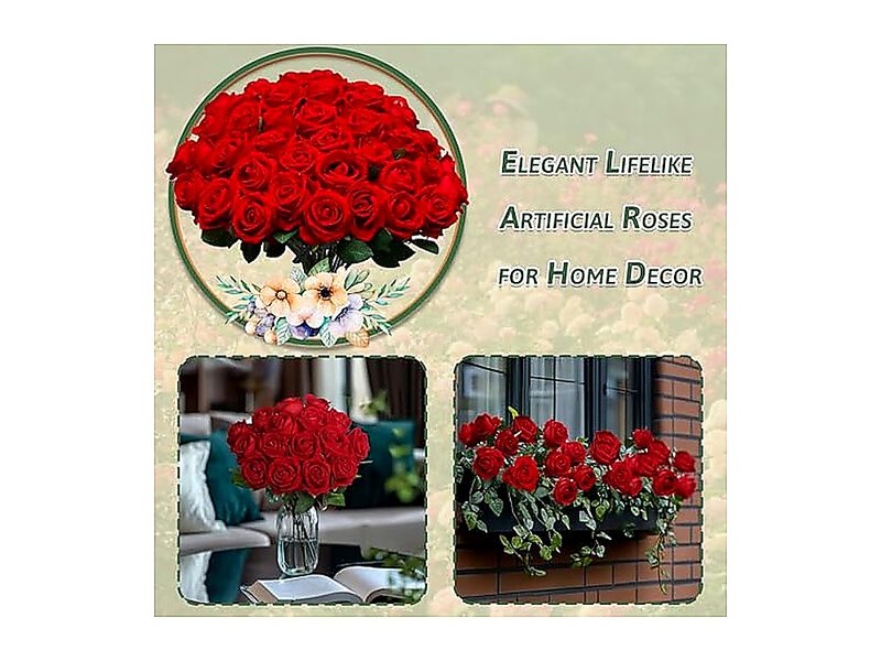 50 Pack Fake Red Roses Artificial Flowers Bulk Realistic Silk Faux Rose Stems image number 3