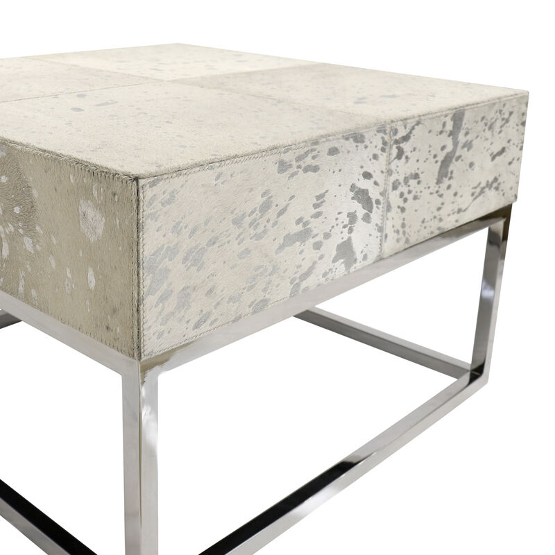 Pasargad Home Safari Silver Foil Cowhide & Steel Coffee Table, Silver