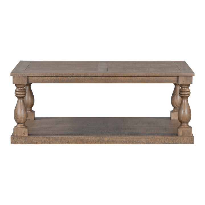 Vintage Rectangular Wooden Coffee Table with Vase Column Legs, Rustic Living Room Coffee Table