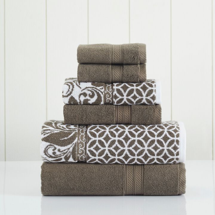 Bev Modern 6 Piece Cotton Towel Set, Jacquard Filigree Pattern, Taupe Brown-Benzara