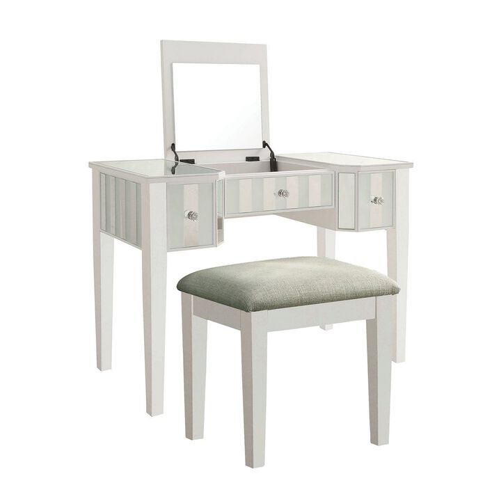 Wooden Vanity Set with Stool and Mirror Panel Inserts, White and Silver - Benzara