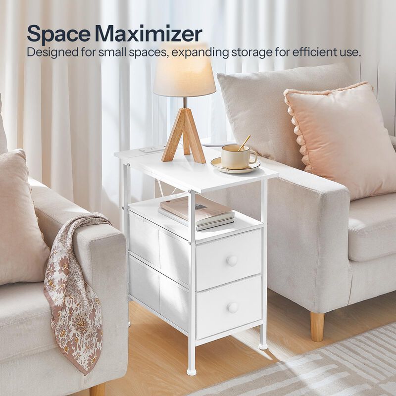 HOOBRO End Table with Charging Station, Narrow Side Table, Nightstand with 2 Non-Woven Drawers, Slim Sofa Side Table, for Small