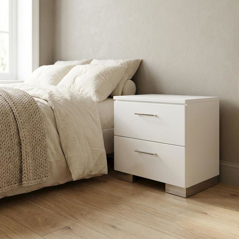 FurniFact White Solid Wood Nightstand with 2 Drawers for Bedroom Decor image number 2