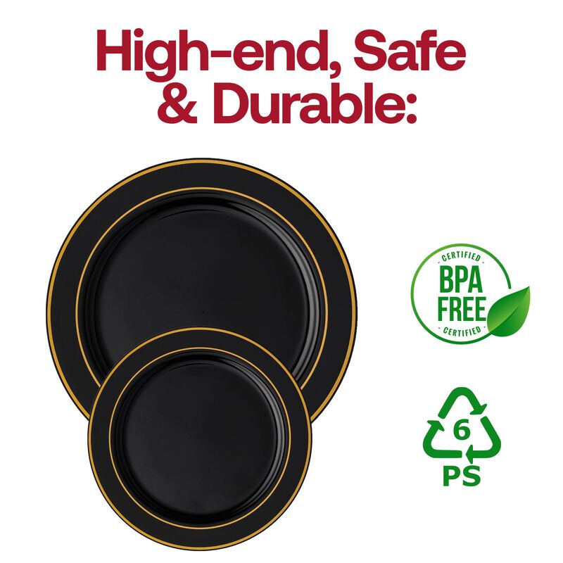 10.25" Black with Gold Edge Rim Plastic Dinner Plates (120 Plates) image number 4