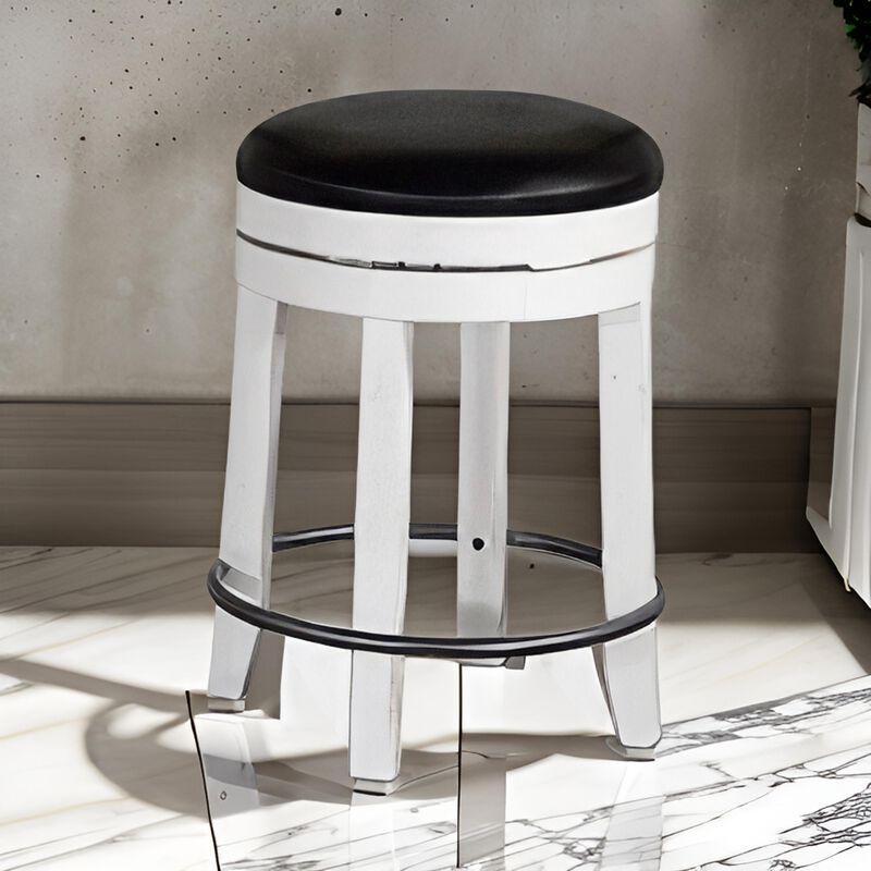 Orso Swivel Counter Stool Set of 2, Black Faux Leather, White Wood - Benzara