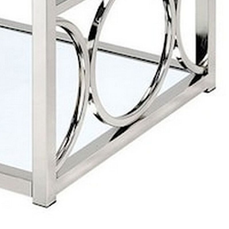 Paire 47 Inch Coffee Table, Glass Top, Mirrored Bottom Shelf, Metal Accents