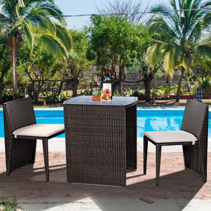 Hivvago 3 Pieces Cushioned Wicker Patio Bistro Set with No Assembly Needed