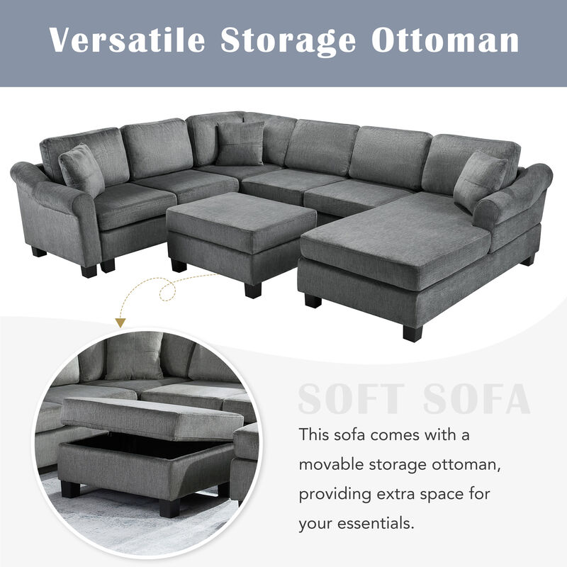 Merax U-shaped Sofa Chenille Upholstered Sofa Couch with Movable Storage Ottoman for Living Room