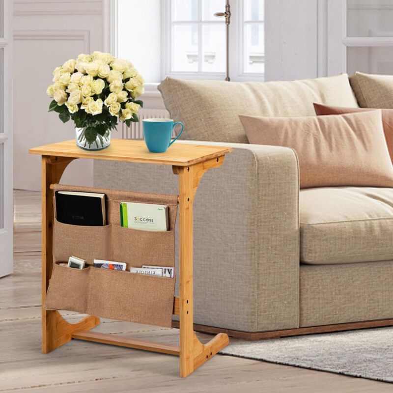 Hivvago Bamboo Sofa Table End Table Bedside Table with Storage Bag
