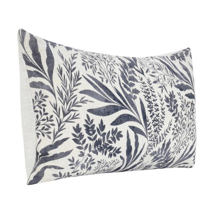 Mulo Lumbar Throw Pattern, Foliage Pattern, 14x26 Inch Blue Flax Linen - Benzara