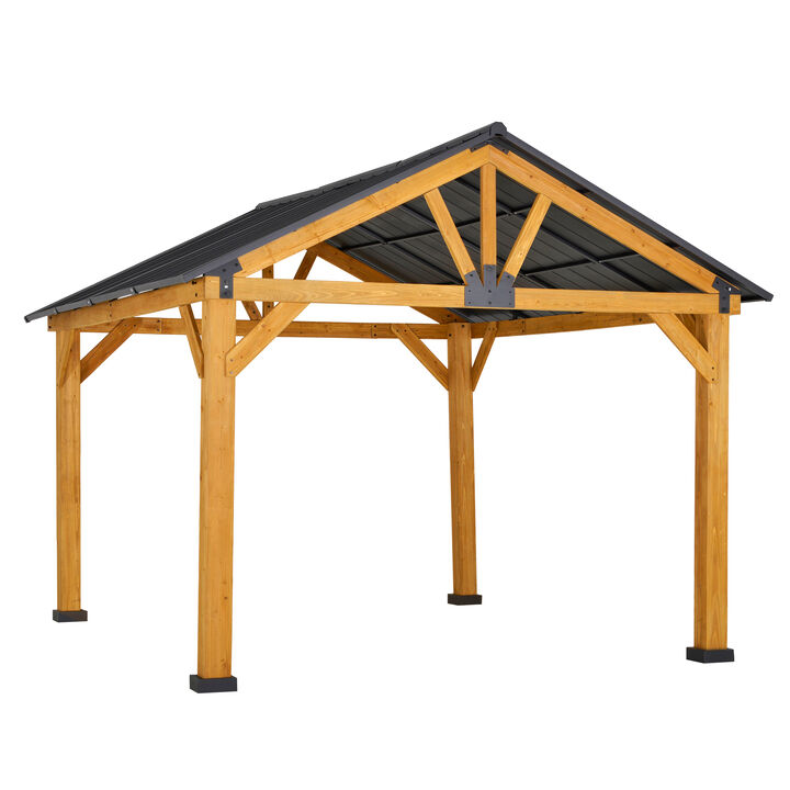 Outsunny 11' x 13' Hardtop Gazebo with Galvanized Steel Roof, Wooden Frame, Permanent Pavilion Outdoor Gazebo with Ceiling Hook for Garden, Patio, Backyard, Lawn