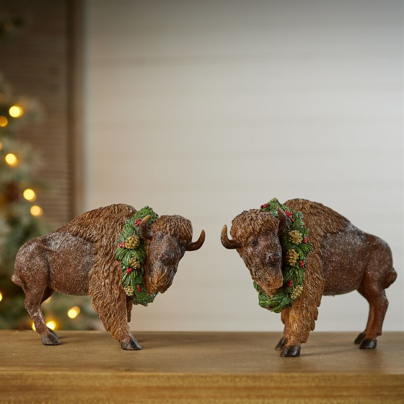 Decorative Winter Bison Statues (Set of 2) – Seasonal Animal Figurines for Holiday Shelf, Entryway, or Mantel Display