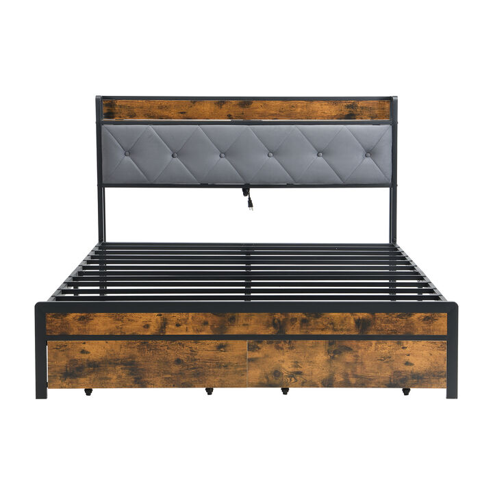 Merax  Metal Bed Frame with LED Lights, Storage & Charging Station