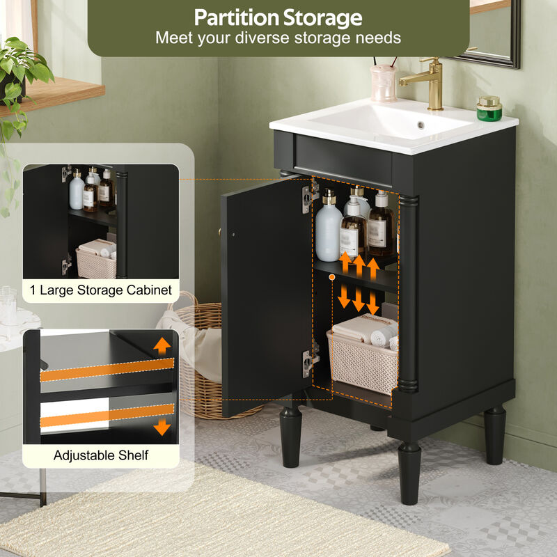 ELEMENT ACE 18 Inch Compact Bathroom Vanity Cabinet with Integrated Ceramic Sink, Adjustable Interior Shelf, Soft Closing Hinges Ideal for Small Bathroom Spaces image number 7