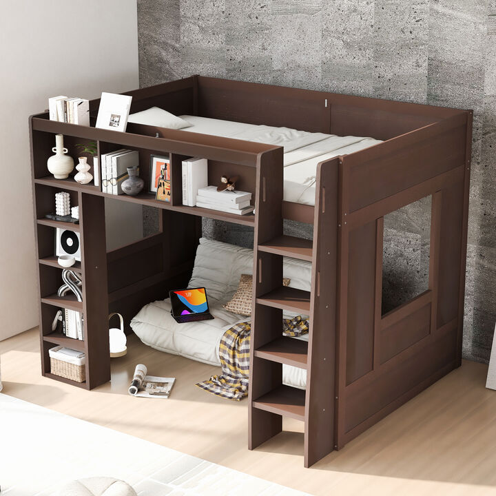Merax Queen Wooden Loft Bed with Storage Cabinets
