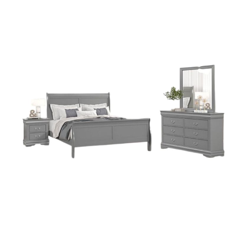 Ryla 4pc Queen Bedroom Set with Nightstand Dresser and Mirror, Neutral Gray