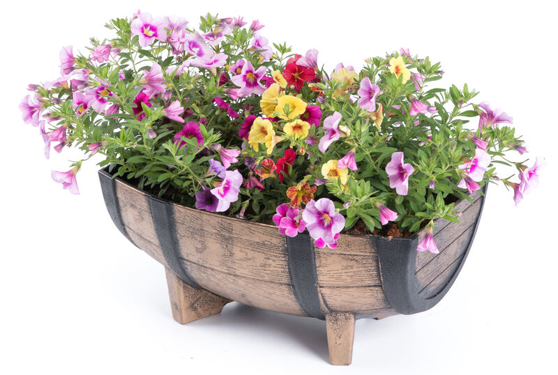 Rustic Wood- Look Plastic Half Barrel Flower Pot Garden Planter, Pack of 2