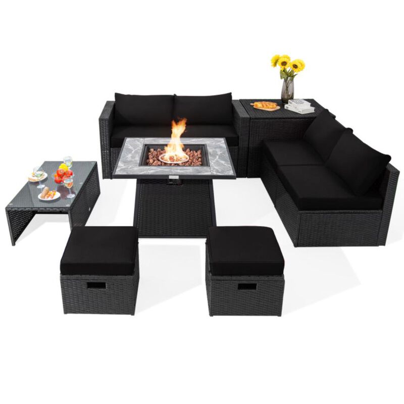Hivvago 9 Pieces Outdoor Wicker Sectional with 35 Inch Gas Fire Pit Table
