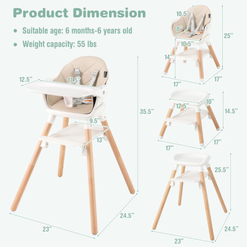 Hivvago 6 in 1 Convertible Highchair with Safety Harness and Removable Tray