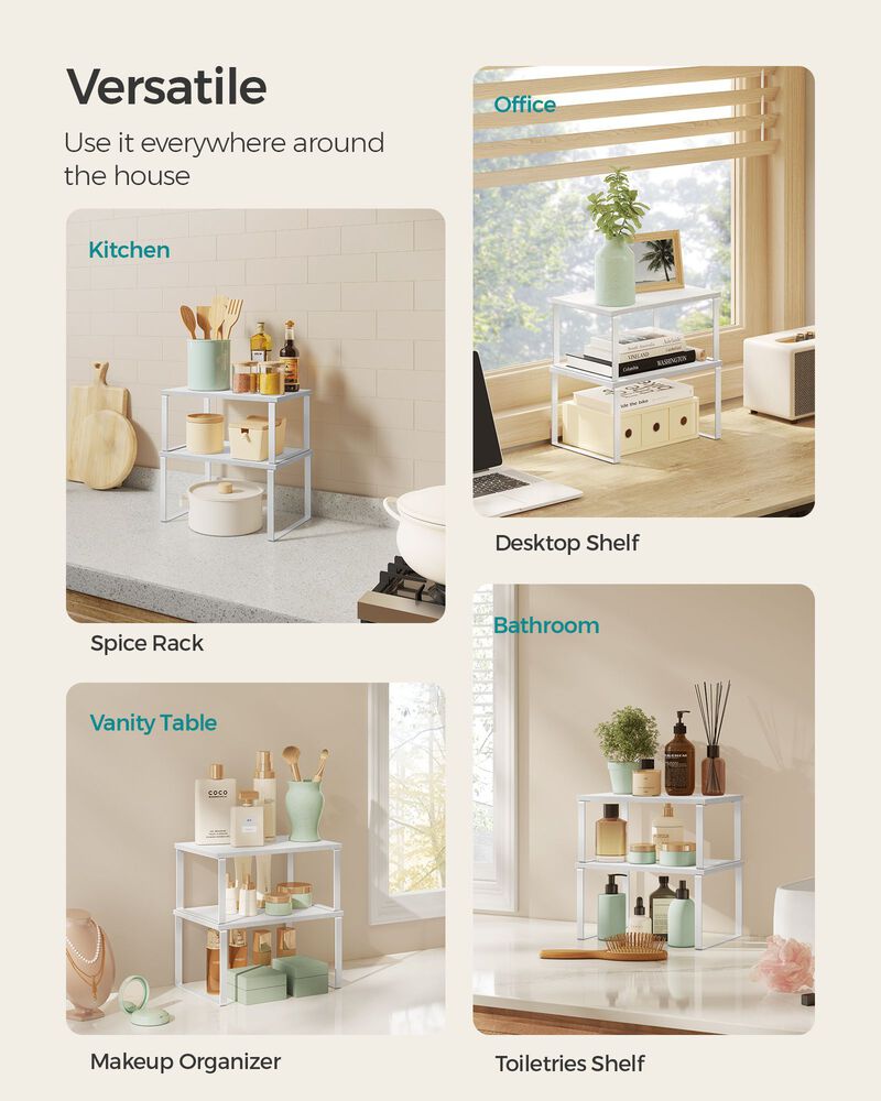 Set of 4 Stackable Cabinet Shelf Organizers - Metal and Particleboard Kitchen Counter Shelves, Expandable