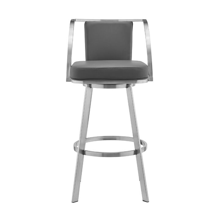 Swivel Barstool with Open Curved Metal Frame Arms, Gray and Silver-Benzara